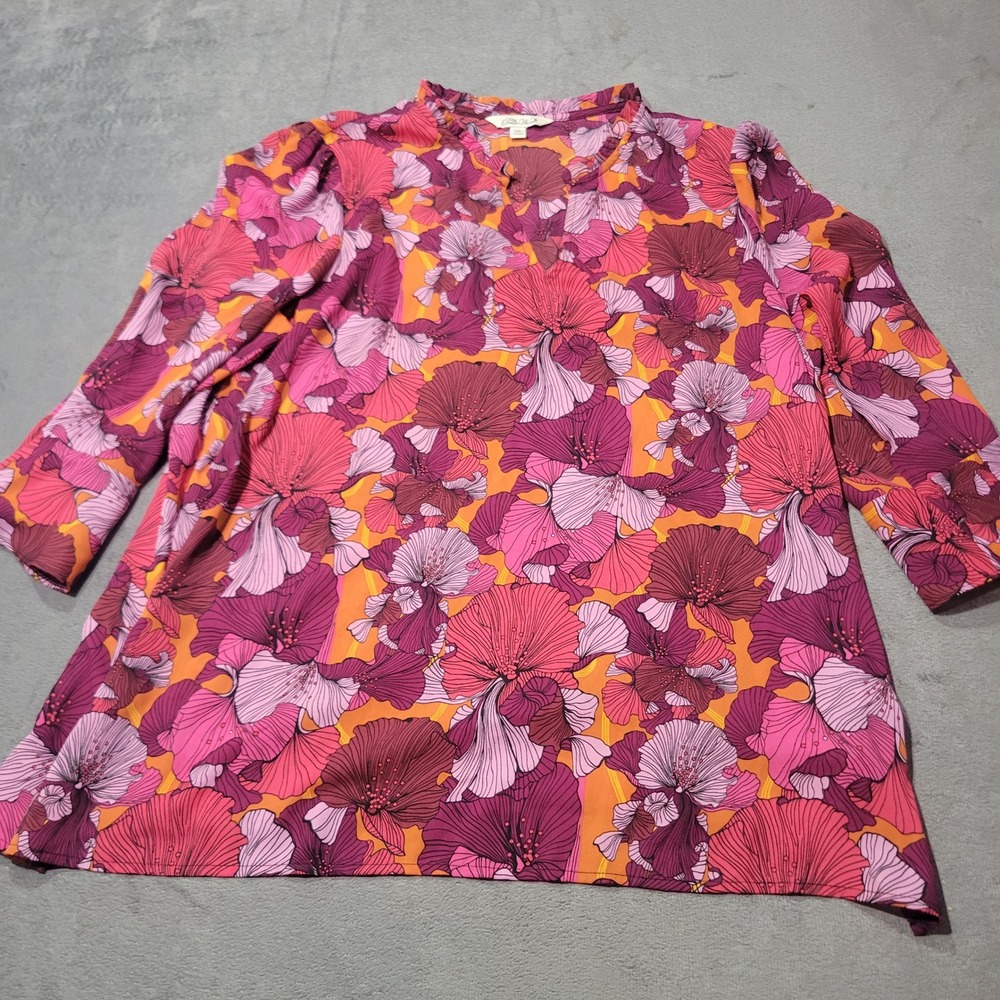 The Pioneer Woman Blouse Womens Pink Floral Split Neck Ruffle‎ 3/4 Sleeve Top